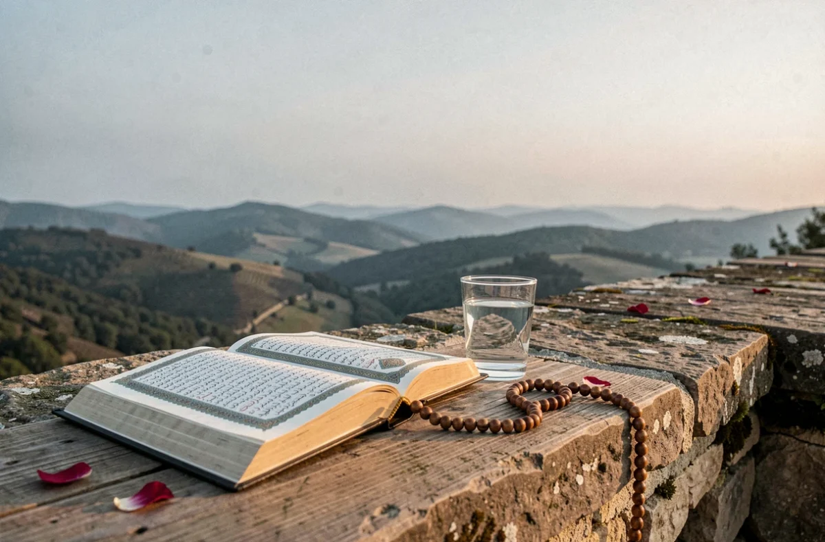 Coran ouvert sur un balcon en pierre avec vue sur les collines à l'aube, symbolisant la méditation sur la royauté d'Allah dans la sourate Al-Mulk