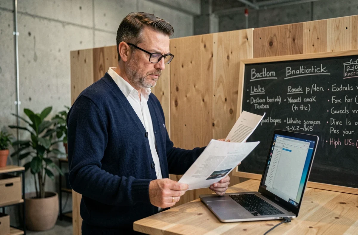 Correcteur masculin relisant attentivement un document dans un espace de travail moderne avec notes éditoriales au tableau