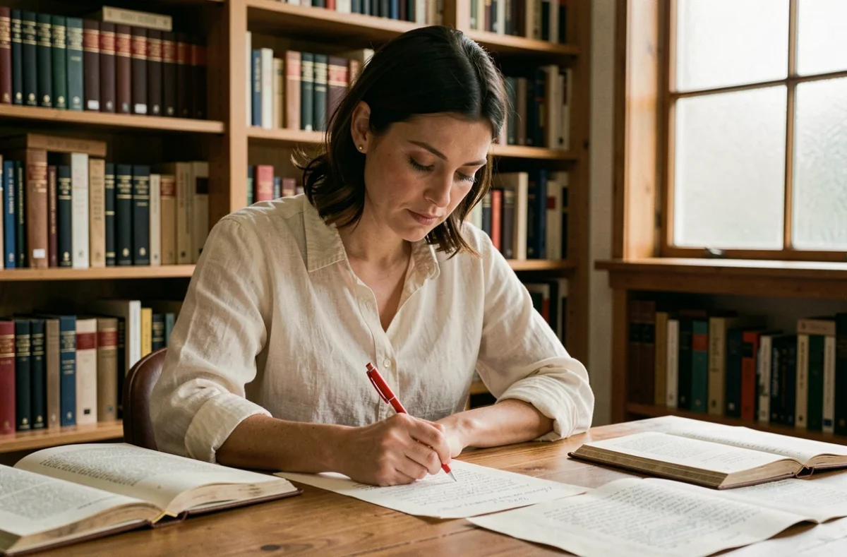 Correctrice annotant un manuscrit avec un stylo rouge dans un bureau éditorial entouré de livres de référence