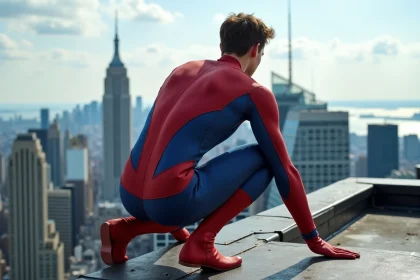 Jeune homme en costume de super-héros rouge et bleu accroupi sur un toit urbain avec la skyline de New York en arrière-plan