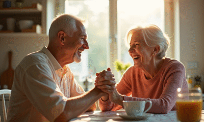 Couple âgé riant main dans la main à la cuisine