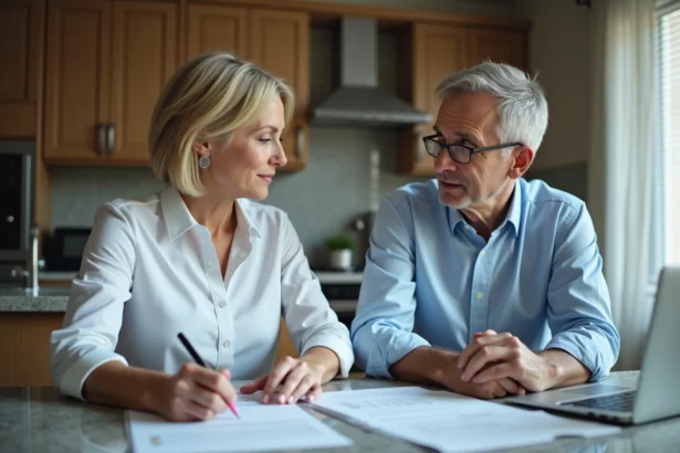 Couple d'adultes discutant de papiers dans une cuisine moderne