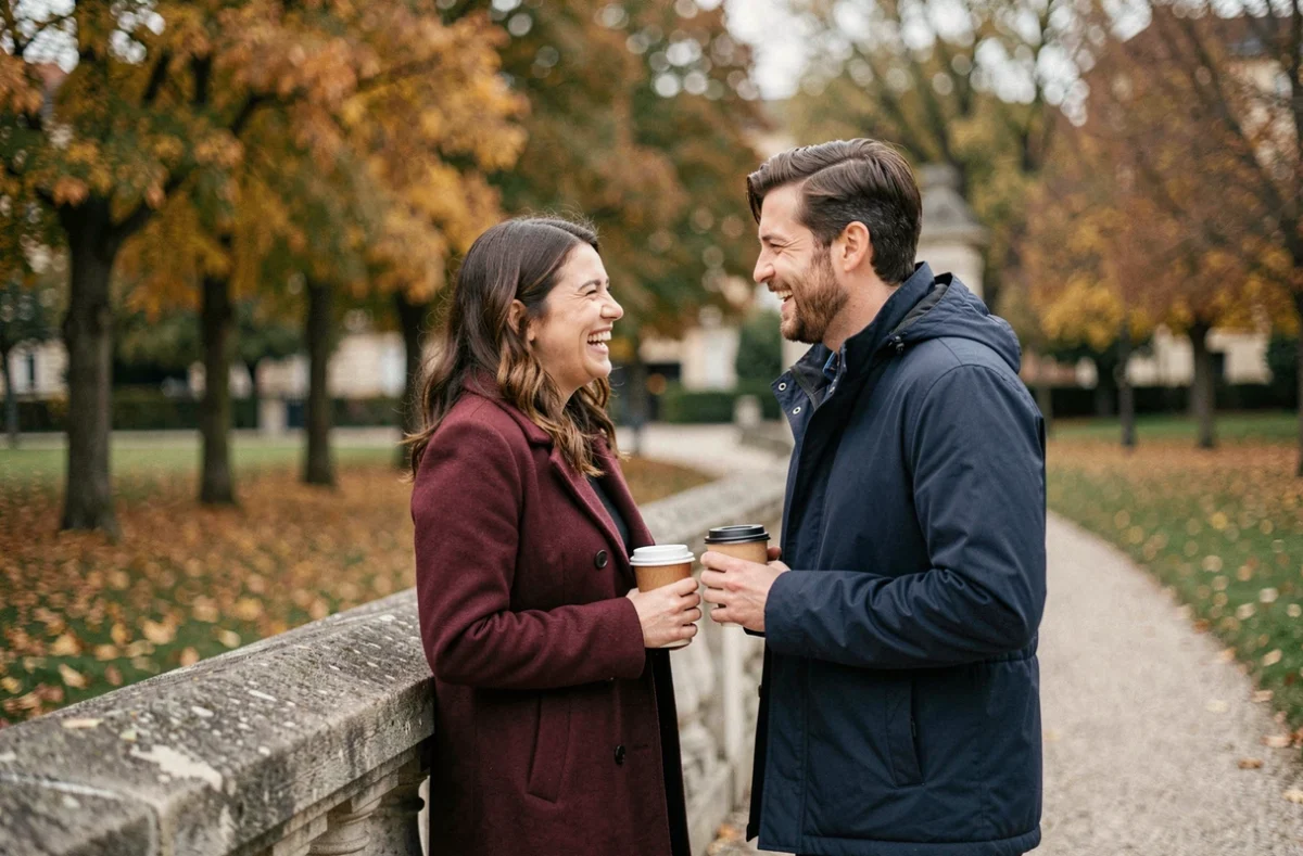 Couple se rencontrant pour la première fois dans un parc parisien en automne suite à une rencontre en ligne gratuite
