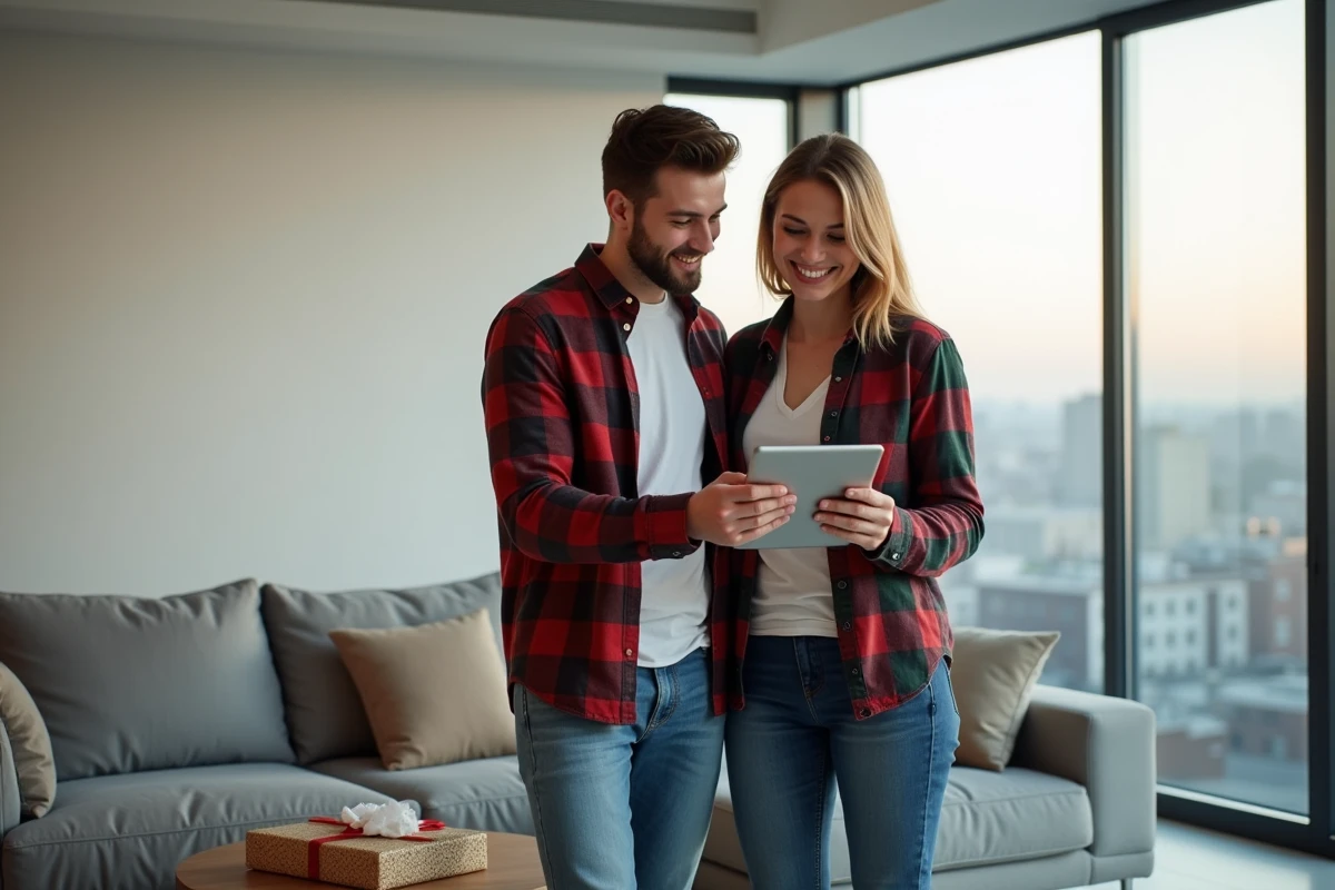 Couple consultant une wishlist partagée sur tablette avec des bons d'achat et des cadeaux emballés dans un salon moderne
