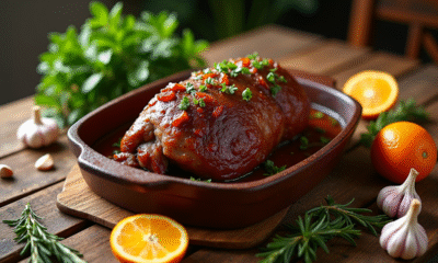 Sanglier mariné sur une table en bois rustique avec herbes et oranges