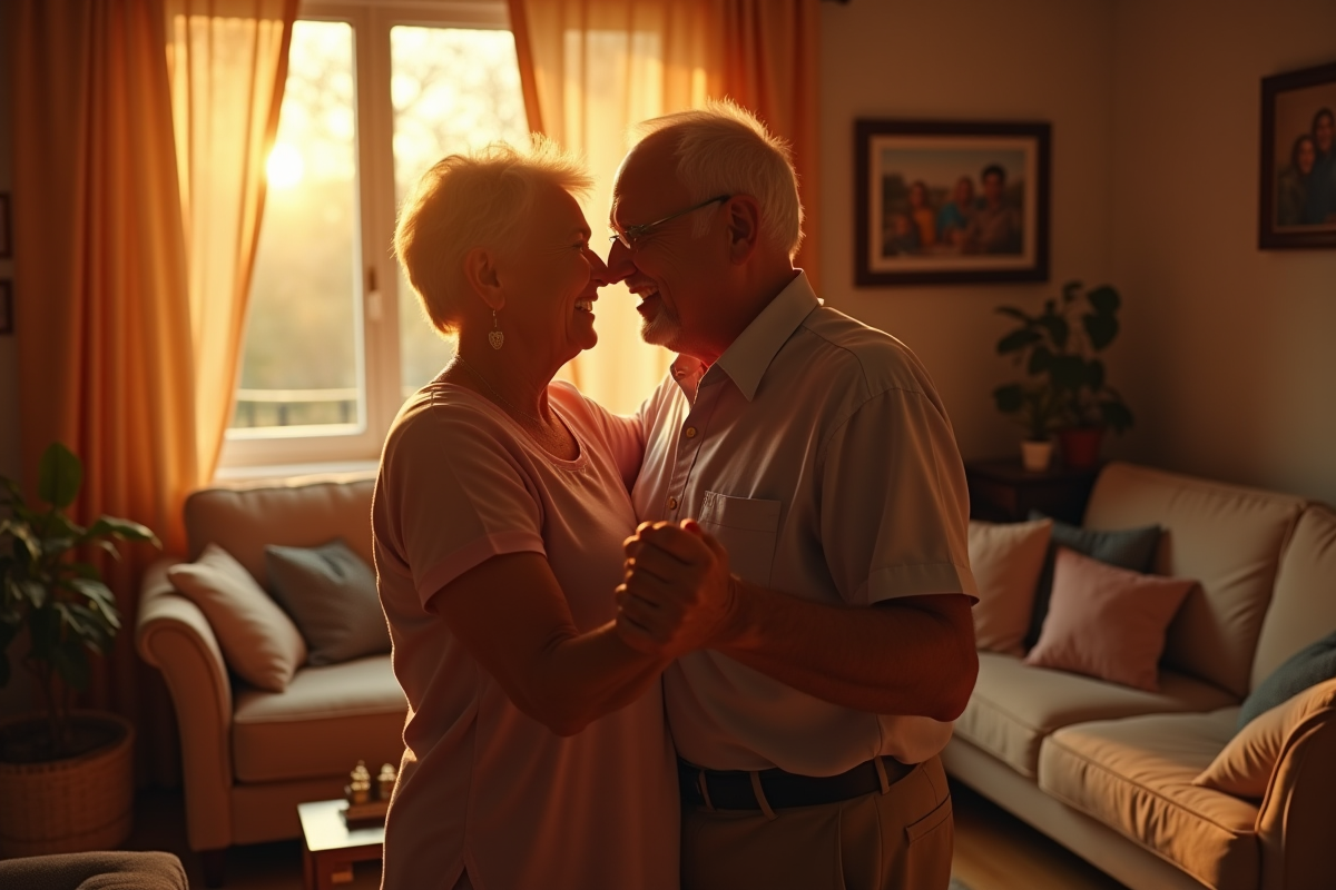 Couple âgé dansant dans un salon chaleureux en golden hour