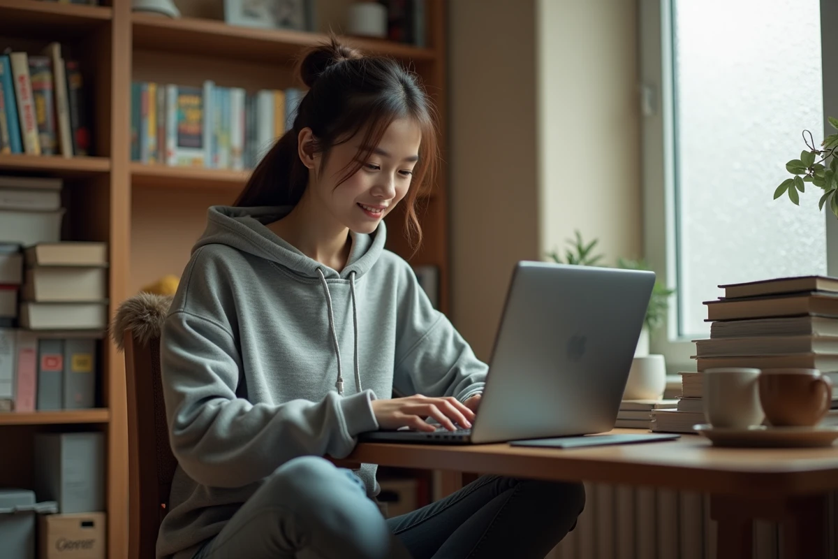 Jeune femme découvrant un site de lecture manga en ligne sur son ordinateur portable dans un bureau cosy