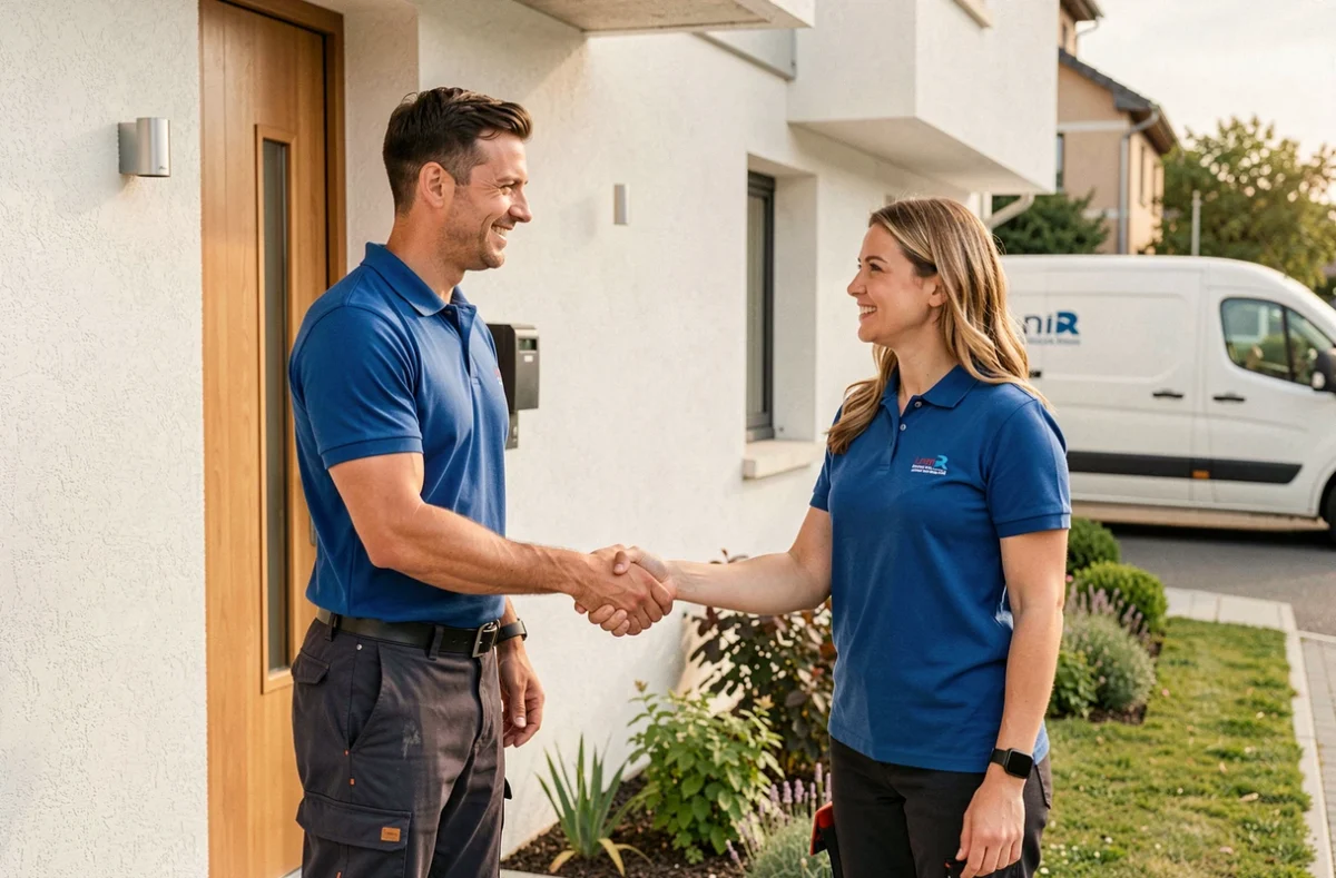 Électricien Delta Services saluant une cliente satisfaite devant sa maison à Limoges après une intervention de proximité