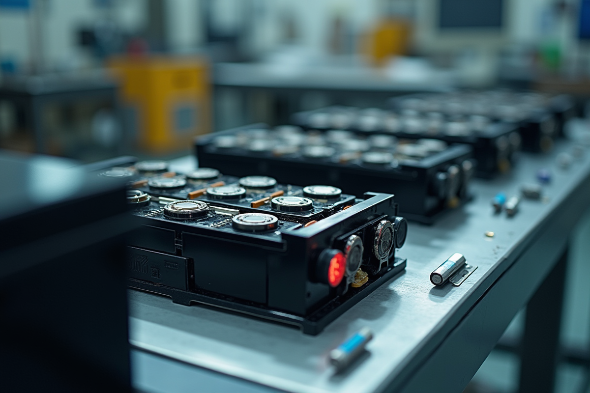 Détails des batteries électriques démontées sur un poste de travail propre