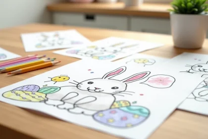 Dessins de Pâques mignons à colorier sur une table en bois avec des crayons de couleur pastel