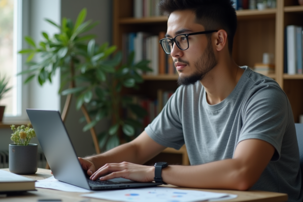 Jeune homme en t-shirt gris examine du code dans un bureau