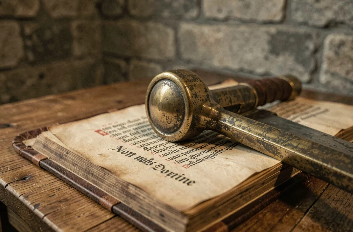 Détail d'une épée médiévale posée sur un manuscrit enluminé avec la devise latine des Templiers Non nobis Domine