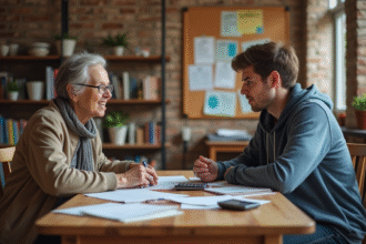 Femme et jeune homme discutent lors d'un atelier communautaire