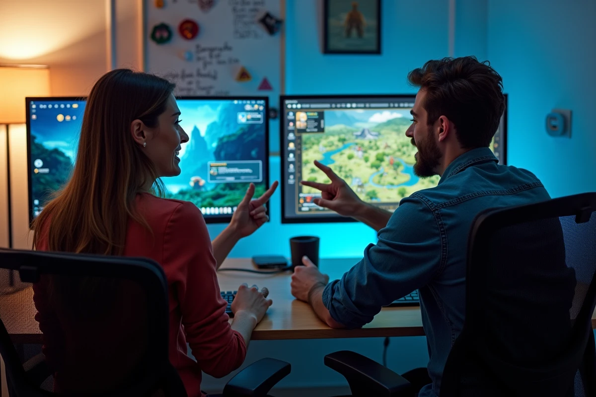 Deux joueurs adultes discutant d'une stratégie de quêtes devant un setup multi-écrans affichant des portails de dimensions dans un MMORPG