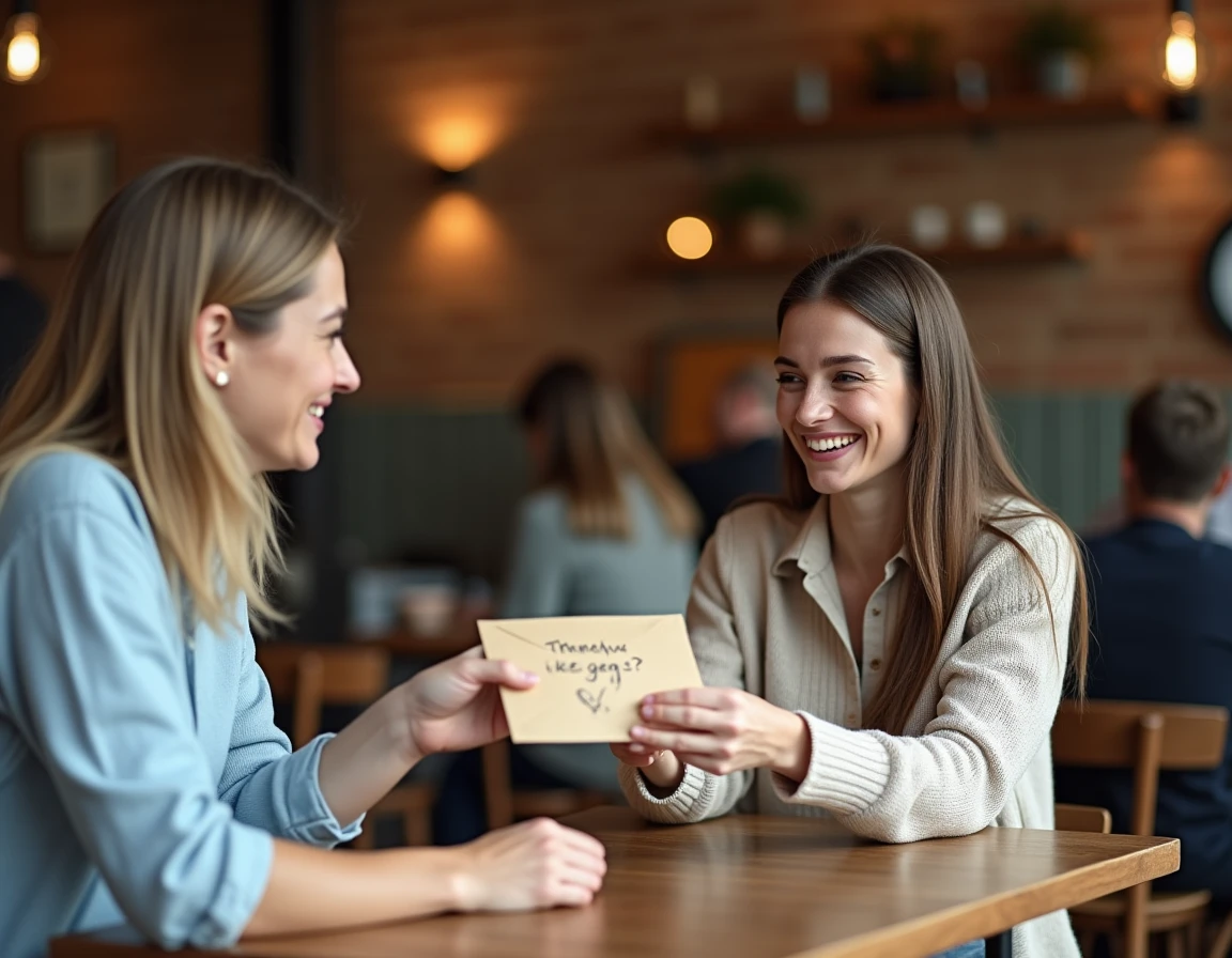 Deux collègues échangeant une carte de remerciement manuscrite dans un café avec une expression sincère