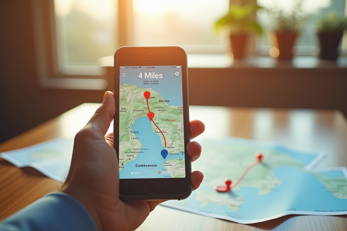 Main tenant un smartphone avec une application de conversion de miles en kilomètres