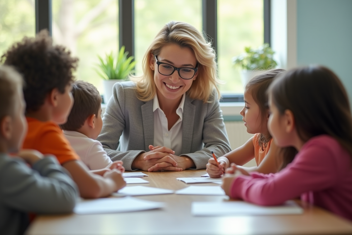 Enseignant spécialisé avec enfants dans une classe lumineuse