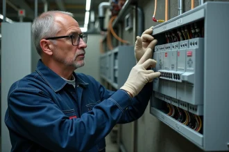 Électricien inspectant un tableau de disjoncteurs triphasés dans une salle électrique industrielle