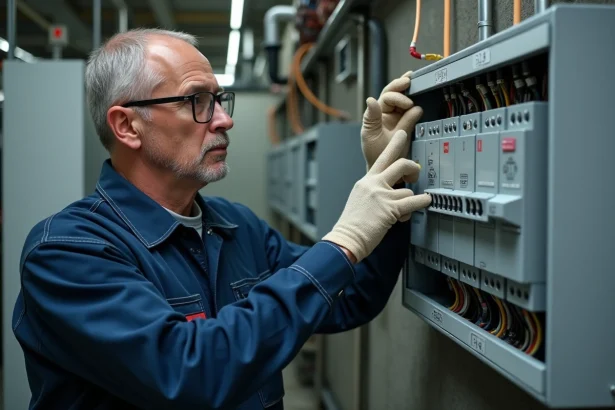 Électricien inspectant un tableau de disjoncteurs triphasés dans une salle électrique industrielle