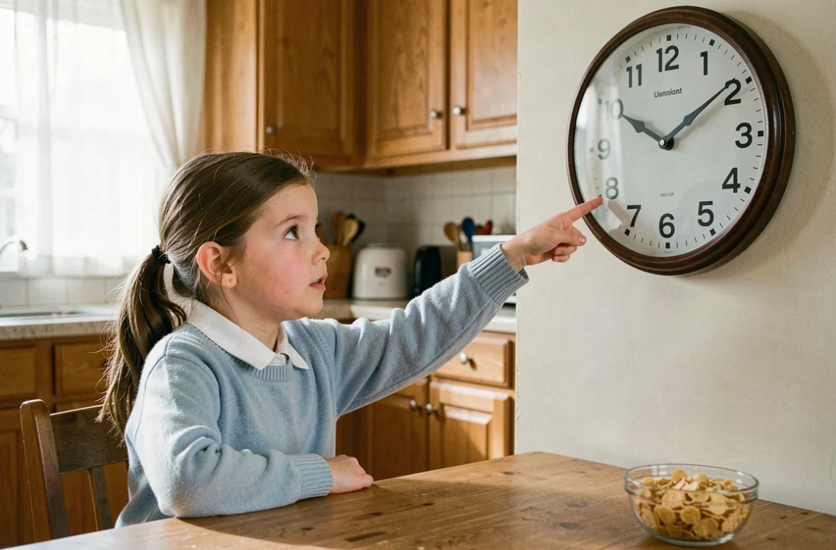 Jeune fille pointant une horloge analogique le matin pour apprendre la différence entre AM et PM