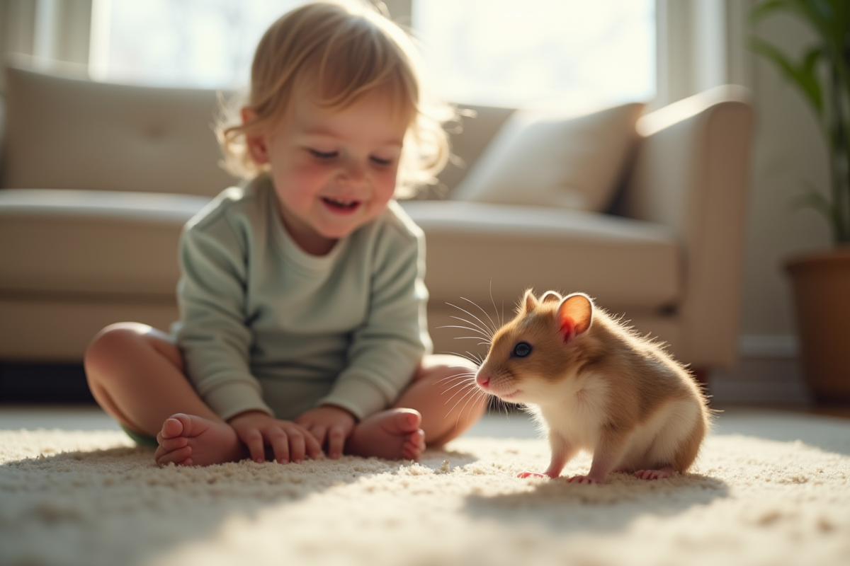 Enfant souriant observant un hamster explorer dans le salon