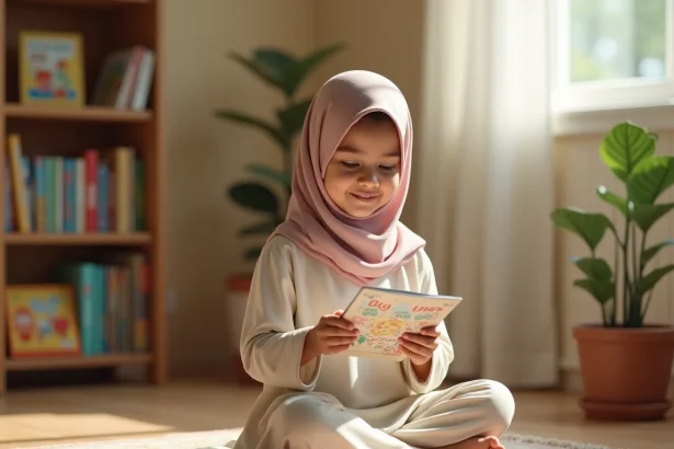 Jeune fille avec un hijab pastel consultant un tableau d'horaire de prière illustré sur un tapis de prière à la maison