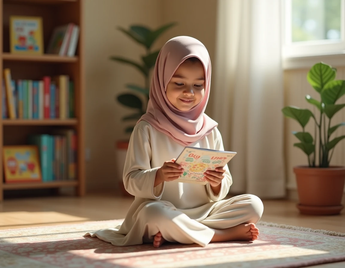 Jeune fille avec un hijab pastel consultant un tableau d'horaire de prière illustré sur un tapis de prière à la maison