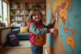 Petite fille souriante préparant un voyage à la maison