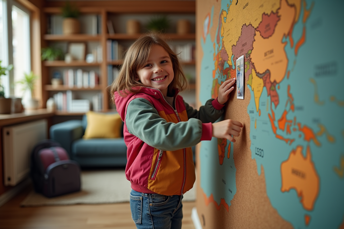 Petite fille souriante préparant un voyage à la maison