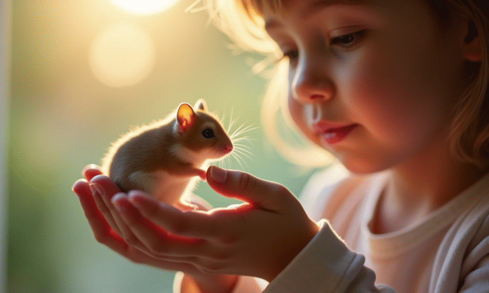 Jeune enfant tenant un hamster dans ses mains en lumière naturelle