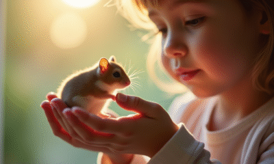 Jeune enfant tenant un hamster dans ses mains en lumière naturelle