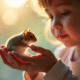 Jeune enfant tenant un hamster dans ses mains en lumière naturelle