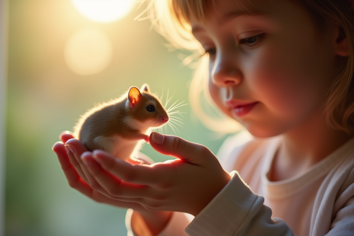 Jeune enfant tenant un hamster dans ses mains en lumière naturelle