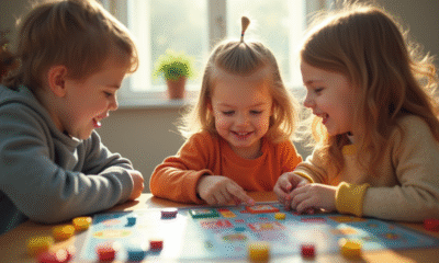 Trois enfants d age préscolaire jouent à un jeu éducatif dans un salon ensoleillé