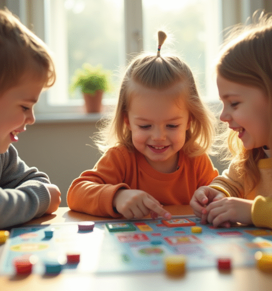 Trois enfants d age préscolaire jouent à un jeu éducatif dans un salon ensoleillé
