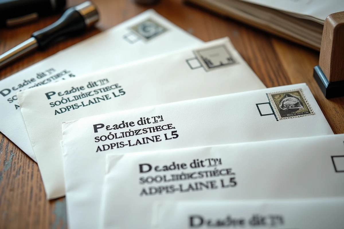 Enveloppes postales françaises affichant des mentions 'Lieu-dit', 'BP' et 'Distribution Spéciale L5' posées sur un bureau en bois, illustrant les formats d'adressage postal