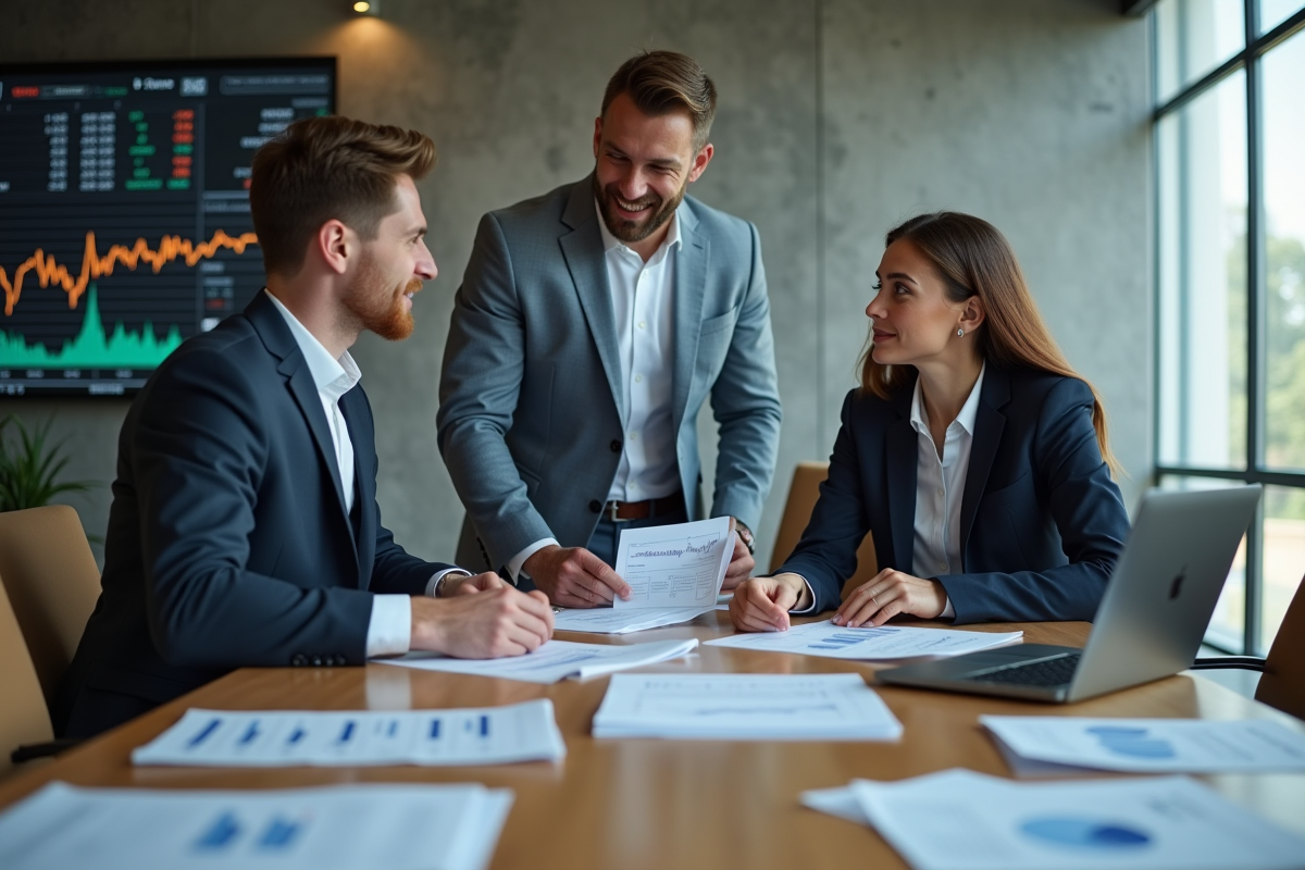 Groupe de trois professionnels fintech en réunion de travail