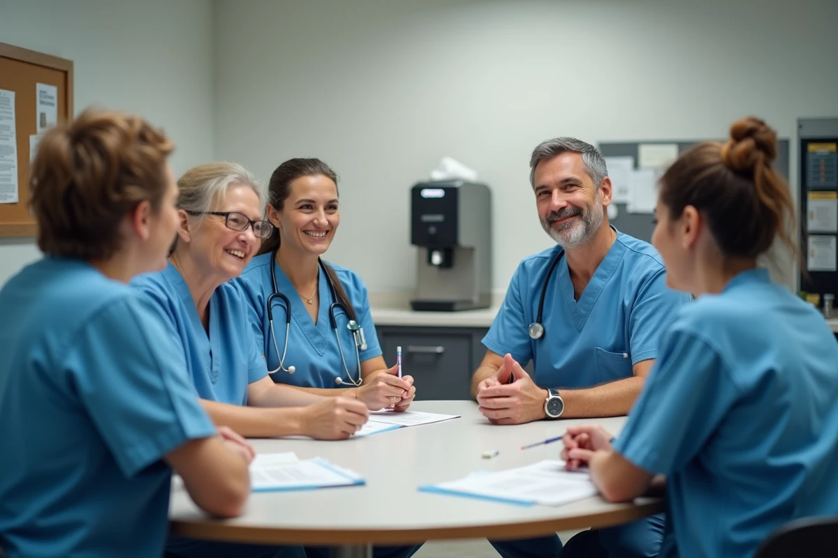 Équipe de soignants en atelier dans une salle de repos