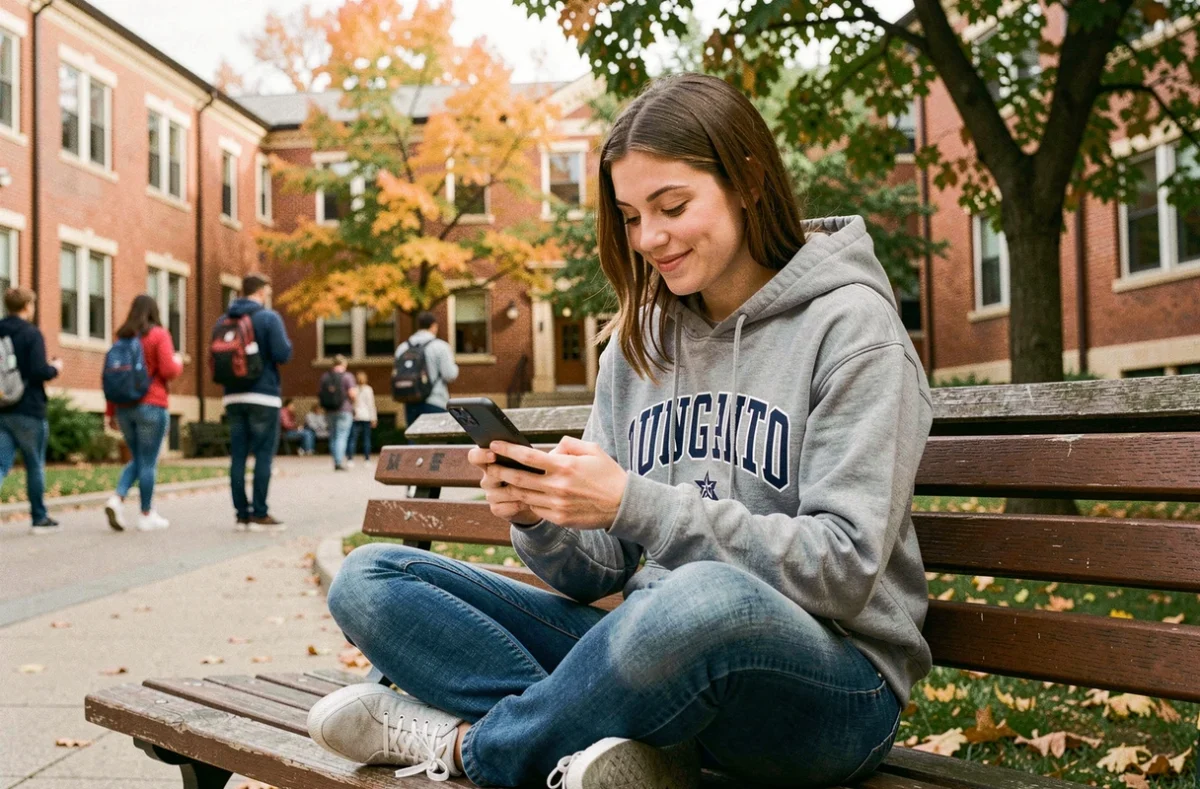 Étudiante consultant son forfait Lycamobile 30 euros sur smartphone dans un campus universitaire en automne