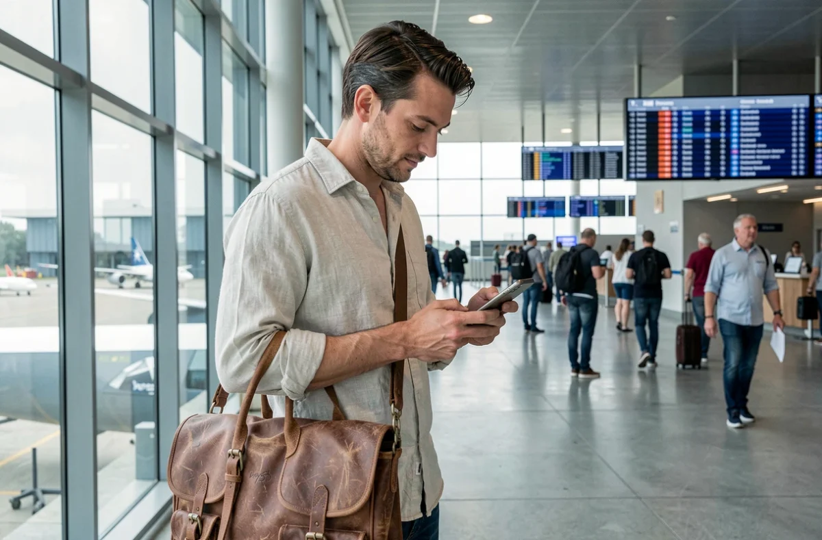 Expatrié vérifiant son forfait mobile Lycamobile dans un aéroport international avant un départ à l'étranger