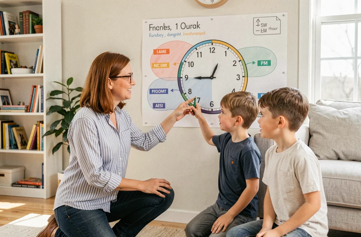 Femme expliquant la différence AM et PM à deux enfants avec un poster éducatif dans un salon