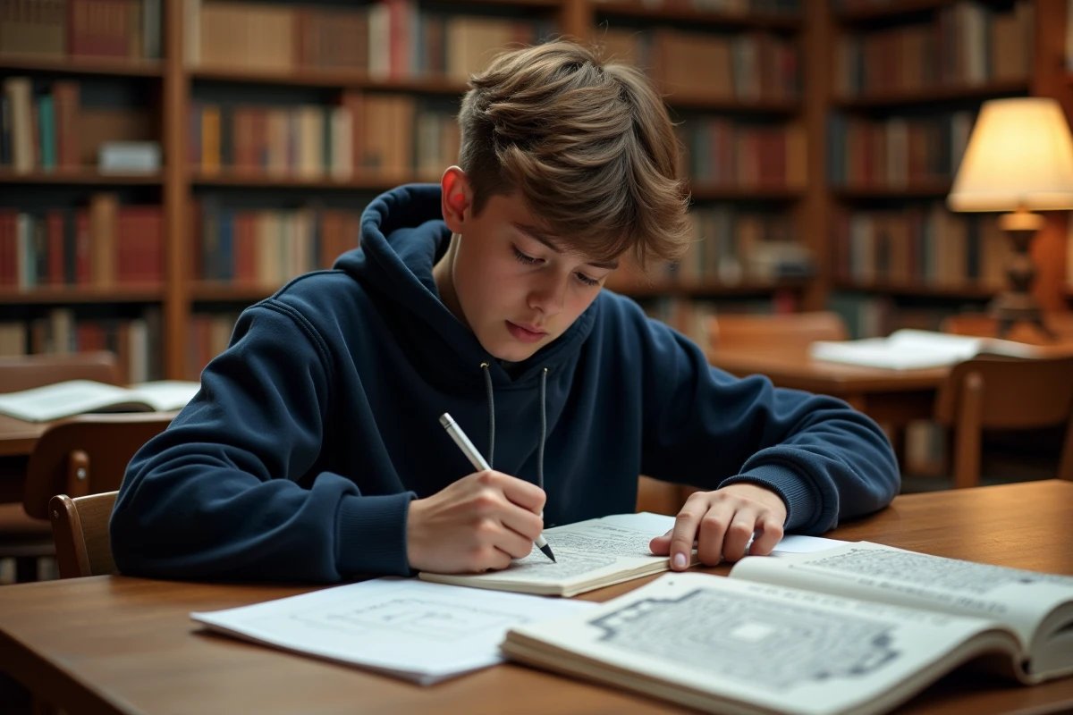 Adolescent préparant un exposé sur le Labyrinthe et le Minotaure dans une bibliothèque scolaire avec des livres de mythologie grecque