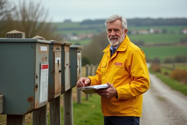 Facteur rural triant du courrier devant des boîtes aux lettres groupées le long d'un chemin de campagne français, illustrant la distribution postale en lieu-dit