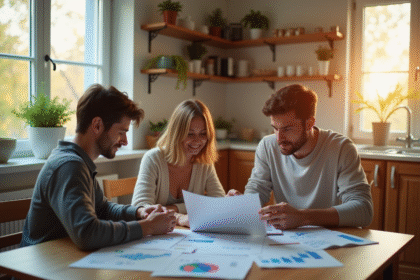 Famille française autour de la table avec factures et graphique de hausse