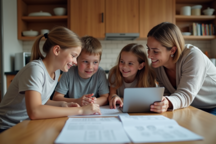 Famille de quatre autour d'une table cuisine en discussion