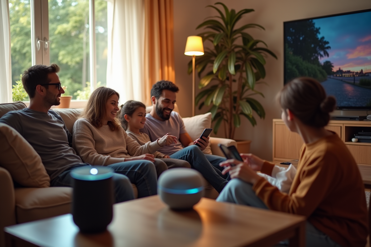Famille dans un salon interactif avec appareils connectes et assistants vocaux