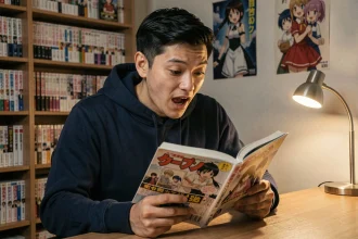 Fan de manga passionné lisant le scan One Piece chapitre 1139 en version française sur son bureau en bois