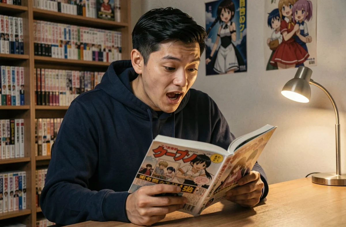 Fan de manga passionné lisant le scan One Piece chapitre 1139 en version française sur son bureau en bois