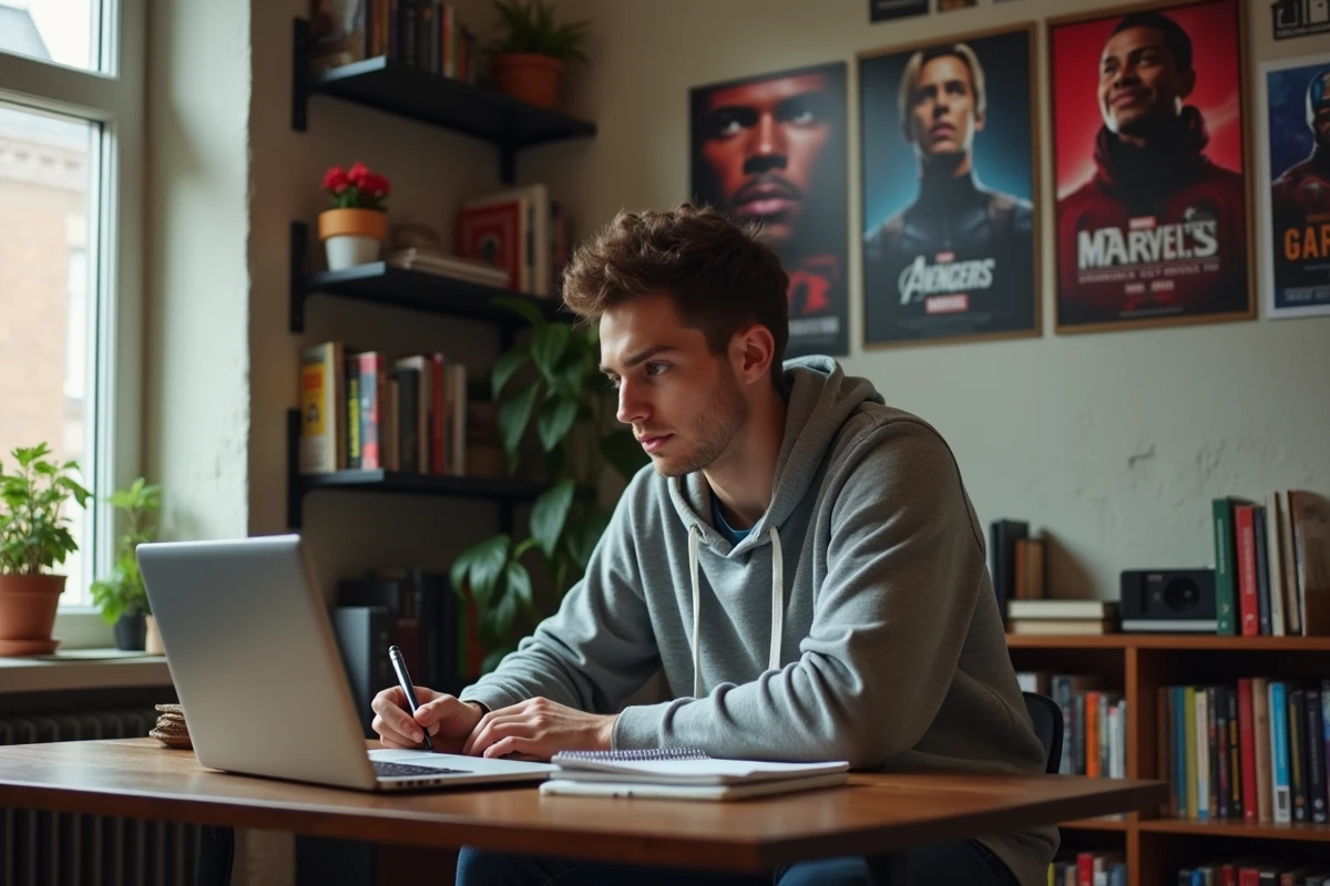 Jeune fan Marvel assis à son bureau avec une liste de visionnage chronologique des films Spider-Man et Avengers