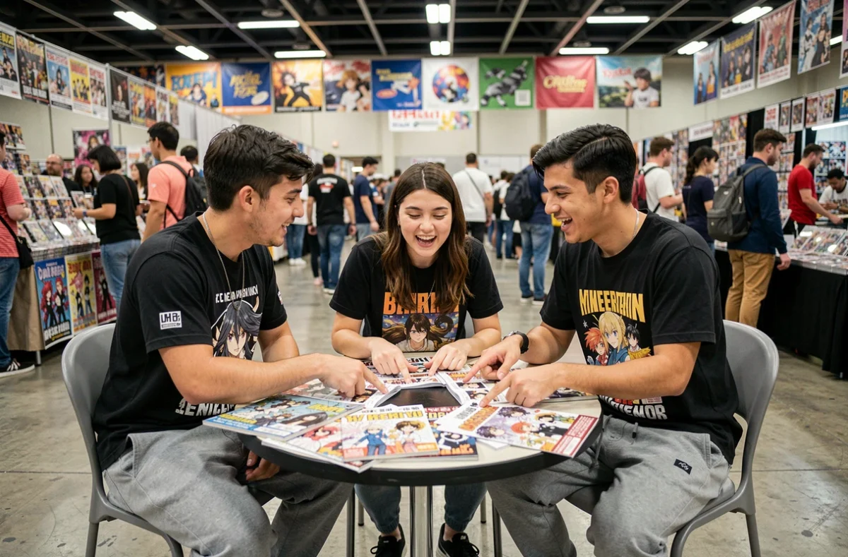 Groupe de fans de One Piece discutant des spoilers du chapitre 1155 dans une convention manga